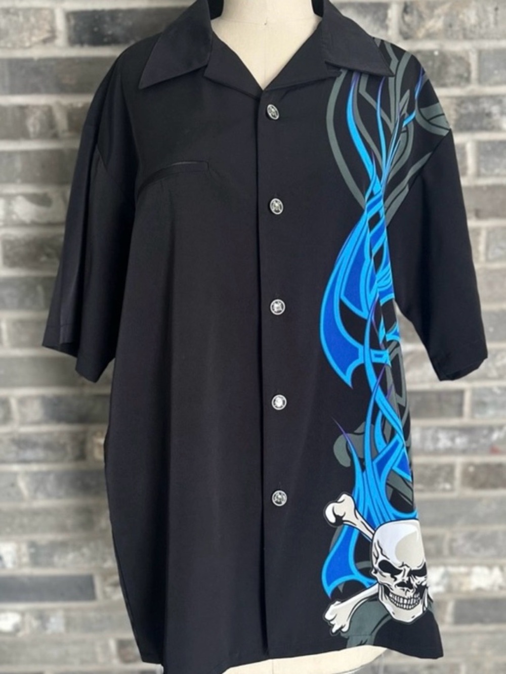Y2K Dragonfly Roadhouse Skull Crossbones Blue Flame Biker Button Up Shirt Mens M